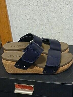 Boutique by Corkys Navy Blue "Shaw" Cork Wedge Sandals Size 8 Hook & Loop